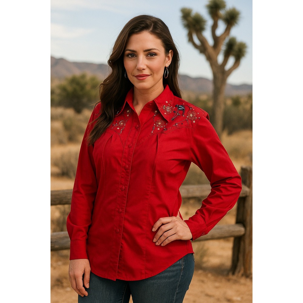 Vintage Wrangler Western Top Womens Large Red Beaded Country Cowgirl Pioneer 90s